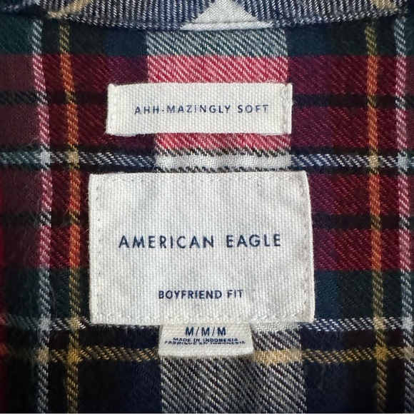 American Eagle Soft Plaid Boyfriend Flannel Shirt Cozy Fall Top Red Navy White M - Picture 7 of 7